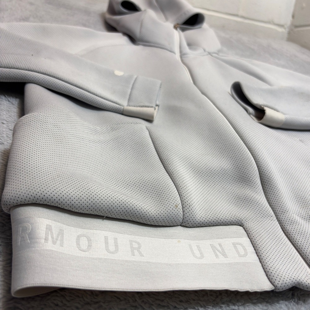 Under Armour Full Zip Hoodie Women L Light Gray Perforated Branded Hem Loose Fit